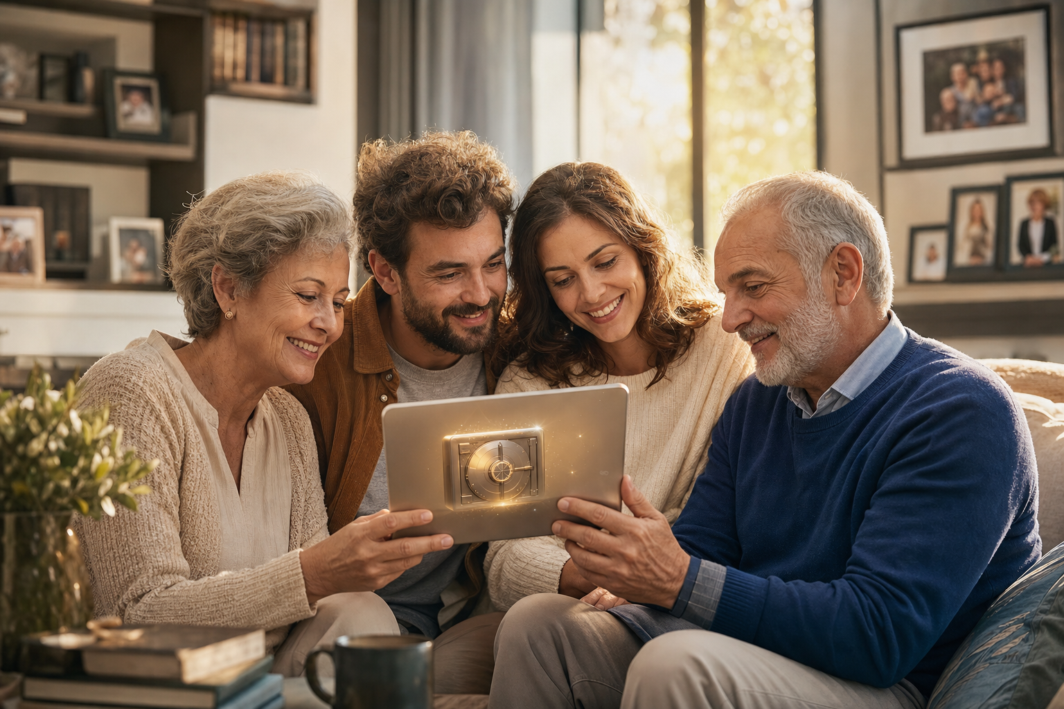 Family gathered around a digital vault